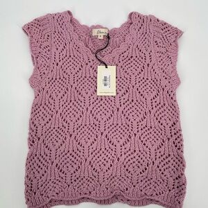 Pink crochet boho top lace knit cap sleeve small NWT